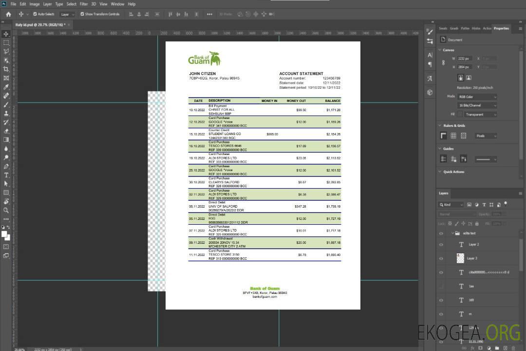 Palau Bank of Guam Relevé bancaire xls template